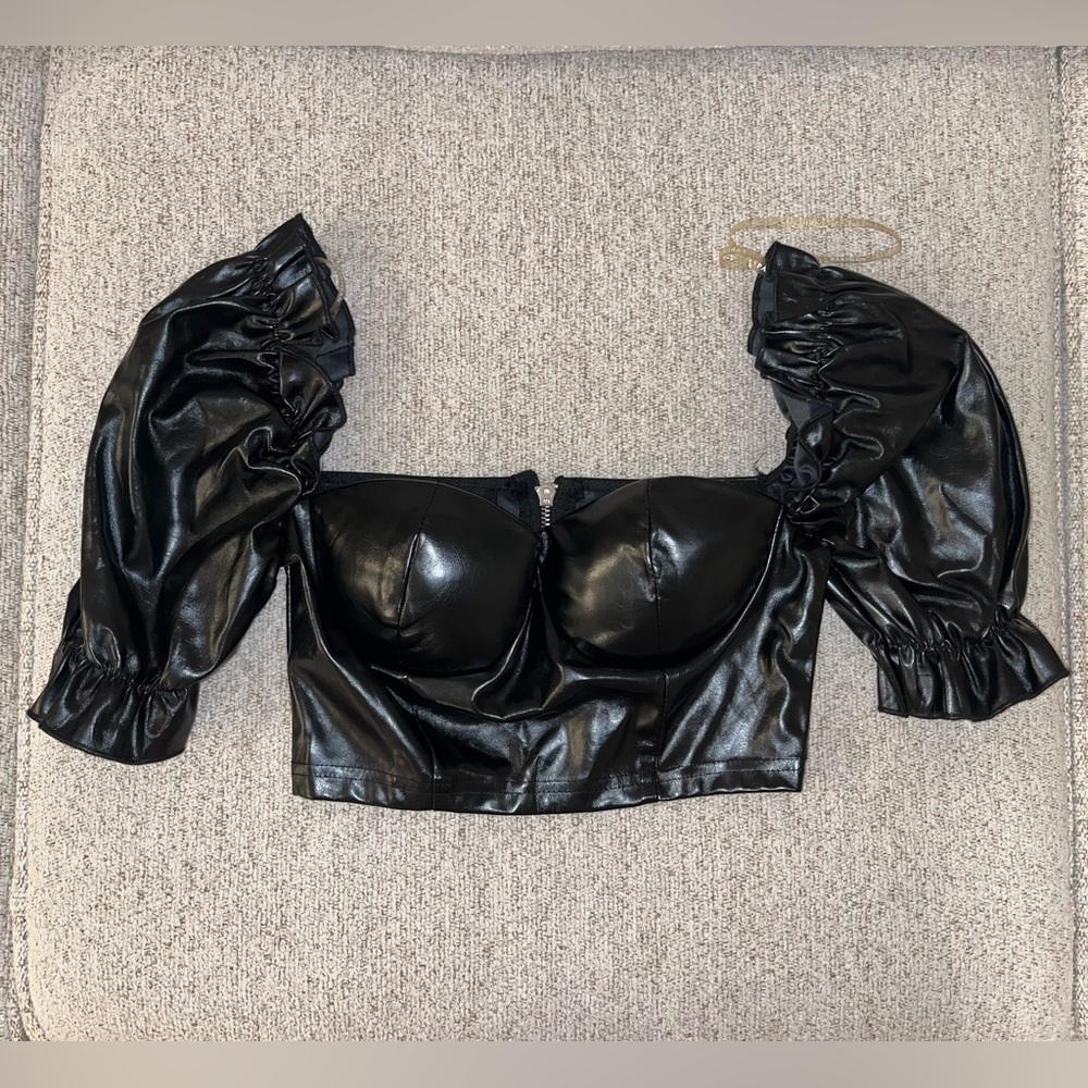 Parisian Works Black Faux Leather Puff Sleeve Crop Top